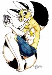  anthro bare_chest bottomwear cacomistle chester_ringtail_magreer clothed clothing fluffy fluffy_tail fur gun handgun jeans looking_at_viewer male mammal pants pistol procyonid ranged_weapon ribbons ringtail shorts sitting solo terrie_smith traditional_media_(artwork) weapon 