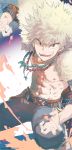  1boy abs alternate_costume areolae bakugou_katsuki belt blonde_hair boku_no_hero_academia commentary_request earrings fingernails highres jewelry looking_at_viewer male_focus melso necklace open_mouth pants red_eyes shirtless shoes smile solo spiked_hair teeth tongue watermark 