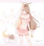  1girl :d angel_wings animal_ears artist_name bangs bare_shoulders blonde_hair blush breasts brown_hair bunny bunny_ears bunny_tail cleavage collarbone commentary crescent_moon deviantart_logo feet_out_of_frame hair_over_one_eye halo highres holding holding_wand instagram_logo large_breasts long_hair looking_at_viewer moon navel open_mouth original pink_eyes pink_skirt puppypaww short_sleeves skirt smile solo star_(symbol) tail twitter_logo wand white_wings wings 