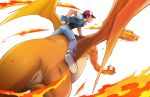  1boy baseball_cap belt black_hair black_shirt blue_pants charizard closed_mouth dododo_dadada dragon fingerless_gloves fire from_behind gen_1_pokemon gloves green_gloves hat holding holding_poke_ball jacket pants poke_ball poke_ball_(basic) pokemon pokemon_(anime) pokemon_(classic_anime) pokemon_(creature) popped_collar riding_pokemon satoshi_(pokemon) shirt shoes short_sleeves sneakers spread_legs white_background 