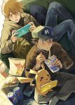  2boys bangs baseball_cap blush can chips chopsticks commentary_request crossed_legs cup_ramen eating eyebrows_visible_through_hair fingernails food gen_1_pokemon handheld_game_console hat highres holding holding_chopsticks holding_handheld_game_console long_sleeves multiple_boys nintendo_switch older ookido_green orange_hair pants pepsi pikachu pokemon pokemon_(creature) pokemon_(game) pokemon_rgby pokemon_swsh red_(pokemon) sitting socks spiked_hair sweater tokeru 