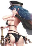  1girl ass bikini black_bikini blue_eyes blue_hair breasts byleth_(fire_emblem) byleth_(fire_emblem)_(female) cape commentary commentary_request fire_emblem fire_emblem:_three_houses fire_emblem_heroes full_body gonzarez hat highres large_breasts looking_at_viewer sideboob simple_background solo standing swimsuit sword sword_of_the_creator upper_body weapon white_background 