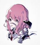  1girl artist_name bangs captain_yue cropped_shoulders eyebrows_visible_through_hair from_side hair_between_eyes long_hair looking_at_viewer no_nose original pink_hair sharp_teeth simple_background solo striped teeth tongue tongue_out upper_body white_background 