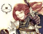  1boy armor bishounen black_cloak black_gloves bow_(weapon) cloak closed_eyes copyright_name failnaught_(fate) fate/grand_order fate_(series) gloves harp holding holding_weapon instrument kinoko_umaiyone knight long_hair long_sleeves male_focus one_eye_closed red_hair simple_background solo tristan_(fate/grand_order) upper_body weapon white_background 
