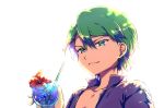  1boy bangs closed_mouth collarbone commentary_request cup drinking_straw flower glass green_eyes green_hair hair_between_eyes highres holding holding_cup liquid male_focus open_clothes open_shirt pokemon pokemon_(anime) pokemon_rse_(anime) purple_shirt red_flower ryuzaki0827 shirt shuu_(pokemon) solo 