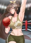  1girl armpits arms_up bangs blue_eyes blush bodypaint boxing boxing_gloves boxing_ring boxing_shorts breasts brown_hair cleavage eleszaykr facial_mark hair_between_eyes hair_ribbon khan_the_swift last_origin long_hair medium_breasts midriff navel ponytail ribbon short_shorts shorts solo sweat tank_top very_long_hair 