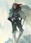  1boy armor bishounen black_gloves cloak closed_eyes fate/grand_order fate_(series) full_body fur_trim gloves knight long_hair long_sleeves looking_to_the_side male_focus red_hair solo tristan_(fate/grand_order) white_cloak yepnean 