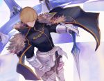  1boy 1girl armor artoria_pendragon_(all) artoria_pendragon_(lancer) black_gloves blonde_hair blue_cape blue_eyes cape collared_cape excalibur_galatine fate/extra fate/grand_order fate_(series) fur_collar gauntlets gawain_(fate/extra) gloves holding holding_sword holding_weapon knight knights_of_the_round_table_(fate) long_sleeves male_focus short_hair sitting solo_focus standing sword taitaip throne throne_room weapon 
