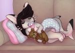  anthro baby black_hair bodily_fluids diaper drooling furniture hair infantilism male pacifier padding pillow saliva sleeping sofa solo teddy_bear whisky_catfish young zombineko 