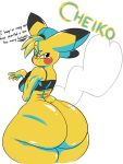  3:4 anthro big_butt bottomless breasts butt clothed clothing dialogue eyewear female glasses hat headgear headwear hi_res huge_butt looking_back nintendo pikachu pok&eacute;mon pok&eacute;mon_(species) rear_view simple_background solo thick_thighs video_games white_background xaveknyne 