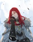  1boy armor bishounen black_gloves cloak closed_eyes fate/grand_order fate_(series) fur_trim gloves hair_between_eyes head_tilt knight long_hair long_sleeves looking_at_viewer male_focus open_eyes red_hair simple_background smirk solo tristan_(fate/grand_order) upper_body white_background white_cloak yellow_eyes yepnean 