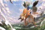  2girls animal animal_ears ass bare_arms bare_legs bike_shorts bird bird_tail brown_eyes brown_hair buruma closed_eyes closed_mouth crying day extra_ears facing_another falling feathers fisheye floating_hair full_body greater_roadrunner_(kemono_friends) grey_hair highres holding holding_weapon horizontal_pupils horns jacket kemono_friends knees_together_feet_apart long_sleeves looking_at_another medium_hair midair multicolored_hair multiple_girls okyao outdoors outstretched_arms pronghorn_(kemono_friends) reaching sandstar shirt shoe_soles shoes short_sleeves smile socks tail tears track_jacket weapon white_hair 