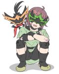  ahoge boots braid brown_hair bruise chibi happy injury jiayu_long mask patapon scarf smile taterazay_(patapon) torn_clothes v yumiyacha_(patapon) 