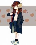  1girl ankle_socks bag bangs blue_coat blue_ribbon blue_skirt blush_stickers brown_eyes brown_hair closed_mouth coat cross-laced_footwear earmuffs expressionless from_side full_body grey_background hand_in_pocket hand_up heart heart_background long_hair long_sleeves looking_at_viewer looking_to_the_side matsuo_mono medium_skirt mixed_media no_nose open_clothes open_coat original plaid plaid_skirt ribbon shoes shoulder_bag signature skirt sneakers socks solo standing symbol_commentary two-tone_background white_background white_footwear 