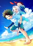  1boy 1girl abiko_yuuji barefoot beach black_legwear boku_no_hero_academia carrying clothes_writing cloud cloudy_sky commentary_request day dress eri_(boku_no_hero_academia) freckles frilled_dress frills green_dress green_eyes green_hair green_shorts hand_on_another&#039;s_hand happy hat highres horns long_hair long_sleeves looking_at_viewer messy_hair midoriya_izuku ocean open_mouth outdoors piggyback pinafore_dress red_eyes red_ribbon ribbon shirt short_hair short_sleeves shorts single_horn sky smile upper_teeth white_shirt 