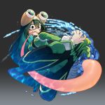  1girl :&gt; abiko_yuuji ass asui_tsuyu bangs black_eyes black_hair blush bodysuit boku_no_hero_academia breasts commentary_request frog_girl from_below full_body gloves goggles goggles_on_head gradient gradient_background green_hair grey_background hair_between_eyes hair_rings highres legs_up long_hair long_tongue looking_at_viewer low-tied_long_hair medium_breasts solo toes tongue tongue_out water 