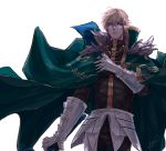  1boy armor black_gloves blonde_hair blue_eyes cape collared_cape excalibur_galatine fate/extra fate/grand_order fate_(series) fur_collar gauntlets gawain_(fate/extra) gloves green_cape holding holding_sword holding_weapon knight knights_of_the_round_table_(fate) long_sleeves looking_at_viewer male_focus short_hair signature simple_background solo sword weapon white_background yuzuru_(kasou) 