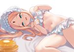  1girl abigail_williams_(fate/grand_order) abigail_williams_(swimsuit_foreigner)_(fate) bangs bare_shoulders bikini blonde_hair blue_eyes bonnet bow breasts fate/grand_order fate_(series) food forehead hair_bow keyhole long_hair lying miniskirt navel on_side open_mouth pancake parted_bangs paw_pose shimokirin sidelocks skirt small_breasts smile swimsuit thighs twintails very_long_hair white_bikini white_bow white_headwear 