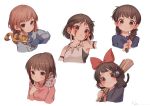 5girls :o animal animal_on_shoulder bangs bare_shoulders black_cat black_eyes blue_shirt blush bow braid broom brown_eyes brown_hair cat character_request closed_mouth copyright_request cropped_torso earrings facepaint facial_mark finger_to_mouth gloves hair_bow hair_ribbon hairband jewelry jiji_(majo_no_takkyuubin) kiki long_sleeves looking_at_viewer majo_no_takkyuubin medium_hair mononoke_hime multiple_girls necklace open_mouth parted_lips red_bow ribbon ryota_(ry_o_ta) shirt short_hair sidelocks signature simple_background sleeveless studio_ghibli tooth_necklace twin_braids white_background 