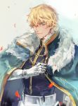  1boy armor black_gloves blonde_hair blue_cape blue_eyes cape collared_cape excalibur_galatine fate/extra fate/grand_order fate_(series) fisheep fur_collar gauntlets gawain_(fate/extra) gloves knight knights_of_the_round_table_(fate) light_smile long_sleeves looking_at_viewer male_focus short_hair signature smile solo upper_body 