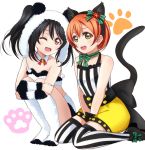  2girls :d ;d animal_ear_fluff animal_ears back_bow bangs between_legs black_bow black_hair black_hairband blush bow cat_ears cat_tail collarbone crop_top detached_collar fake_animal_ears green_bow green_eyes green_ribbon hair_between_eyes hairband hand_between_legs hoshizora_rin kneeling long_hair love_live! love_live!_school_idol_project multiple_girls neck_ribbon one_eye_closed open_mouth orange_hair paw_background red_eyes ribbon shiny shiny_hair shirt short_hair short_shorts shorts sitting sleeveless sleeveless_shirt smile spaghetti_strap striped striped_legwear striped_shirt tail thighhighs twintails vertical-striped_legwear vertical_stripes wariza wewe white_background white_legwear wing_collar yazawa_nico yellow_shorts zettai_ryouiki 