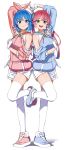  2girls absurdres bare_shoulders blue_eyes blue_footwear blue_hair blue_hoodie bow_hairband closed_mouth eyebrows_visible_through_hair fingerless_gloves gloves green_eyes hairband highres multiple_girls omega_sisters open_mouth pink_footwear pink_hair pink_hoodie shinomu_(cinomoon) thighhighs 