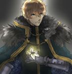  1boy armor black_gloves blonde_hair blue_cape blue_eyes cape collared_cape fate/extra fate/grand_order fate_(series) flower fur_collar gauntlets gawain_(fate/extra) gloves grey_background holding holding_flower knight knights_of_the_round_table_(fate) long_sleeves looking_to_the_side male_focus mtk236 short_hair signature simple_background solo upper_body 