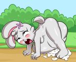  abdominal_bulge all_fours ambiguous_gender anthro blush bodily_fluids cum cum_on_ground eye_roll female female/ambiguous genital_fluids huitu_c lagomorph leporid looking_pleasured mammal open_mouth rabbit same_size_vore tears tongue tongue_out unbirthing vaginal vore 