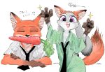  2016 anthro canid canine carrot clothed clothing disney duo eyes_closed fake_ears fake_fox_ears fake_fox_tail fake_tail female food fox fox_costume fur judy_hopps lagomorph leporid male mammal necktie nick_wilde open_mouth open_smile orange_body orange_fur plant purple_eyes rabbit red_fox sg shirt simple_background smile sparkles topwear vegetable white_background zootopia 