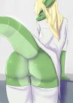  absurd_res anthro biped blonde_hair blue_eyes butt clothed clothing coat digital_media_(artwork) dinosaur eyewear female genitals glasses hair hi_res lab_coat legwear lizzardinho looking_at_viewer ornithischian pachycephalosaurid pussy raised_tail reptile scalie scp-317 scp_foundation simple_background solo stockings thigh_highs topwear 
