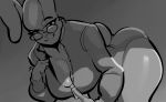  2020 alien anthro big_breasts big_butt bottomwear breasts butt cleavage clothed clothing eyelashes eyewear facial_tuft fangs female glasses grey_background hi_res jacket lagomorph leaning leaning_forward leporid looking_at_viewer mammal mature_anthro mature_female monochrome one_ear_up rabbit simple_background smile solo spikedmauler topwear unzipping viv_(lowkeytoast) 