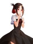  1girl bangs black_dress black_hair blush breasts closed_mouth collarbone collared_dress cowboy_shot dress folded_ponytail frown haga hair_ribbon hand_on_own_chin hands_up highres kaguya-sama_wa_kokurasetai_~tensai-tachi_no_renai_zunousen~ looking_at_viewer parted_bangs pinafore_dress red_eyes red_ribbon ribbon school_uniform shinomiya_kaguya short_hair short_sleeves shuuchiin_academy_uniform sidelocks simple_background sleeveless sleeveless_dress small_breasts solo standing summer_uniform white_background 