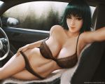  1girl armpits bangs black_bra black_panties bra breasts car car_interior cleavage collarbone fubuki_(one-punch_man) fur green_eyes green_hair ground_vehicle lace lace-trimmed_bra lace-trimmed_panties large_breasts lingerie looking_at_viewer motor_vehicle navel one-punch_man panties panty_pull reaching_out short_hair sitting smile solo strap_slip underwear underwear_only yupachu 