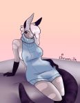  alien anthro bed clothing eyes_closed female furniture hi_res mature_female meme meme_clothing nipple_outline on_bed one_eye_obstructed shroomilk solo sweater topwear virgin_killer_sweater 