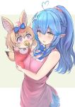  +_+ 2girls ahoge animal_ears apron baby bangs blue_bow blue_hair blue_skirt blush bow breasts brown_hair elf enumiyan eyebrows_visible_through_hair flower fox_ears fox_girl fox_tail hair_between_eyes hair_bow hair_flower hair_ornament heart_ahoge highres holding_baby hololive large_breasts long_hair miniskirt mother_and_daughter multicolored_hair multiple_girls nose_blush omaru_polka pacifier pink_apron pointy_ears ponytail purple_eyes reaching_out shirt skirt sleeveless sleeveless_shirt smile streaked_hair tail virtual_youtuber white_shirt yellow_eyes younger yukihana_lamy 