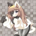  1girl ;3 animal_ear_fluff animal_ears animal_nose bangs black_fur black_legwear blush brown_background brown_hair cat cat_ears cat_girl cat_tail checkered checkered_background claws commentary_request cowboy_shot deemo dress eyebrows_visible_through_hair furrification furry girl_(deemo) highres leaning_forward long_hair long_sleeves one_eye_closed osa0801 pantyhose partial_commentary paw_pose purple_eyes simple_background snout solo standing tail two-tone_fur white_dress white_fur 