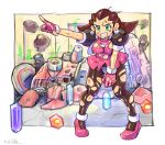  1girl bent_over brown_hair damaged earrings gloves highres jewelry navel oomasa_teikoku pointing rockman rockman_dash short_hair solo torn_clothes tron_bonne 