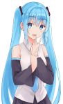  1girl :d akaya_(pixiv20545353) bangs bare_shoulders black_skirt black_sleeves blue_eyes blue_hair blue_neckwear blush breasts collared_shirt commentary detached_sleeves double_v eyebrows_visible_through_hair hair_between_eyes hair_ornament hands_up hatsune_miku highres long_hair long_sleeves looking_at_viewer necktie open_mouth pleated_skirt shirt sidelocks simple_background skirt sleeveless sleeveless_shirt small_breasts smile solo twintails v very_long_hair vocaloid white_background white_shirt wide_sleeves 