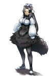  1girl :/ animal_ears anteater_ears anteater_tail arm_at_side black_hair bow bowtie breast_pocket breasts center_frills closed_mouth commentary_request corset expressionless frills full_body fur_skirt fur_sleeves giant_anteater_(kemono_friends) gloves hair_ornament hand_on_hip kemono_friends large_breasts long_hair long_sleeves looking_at_viewer pantyhose pocket puffy_long_sleeves puffy_sleeves render_hatch shoes simple_background skirt solo standing tail very_long_hair white_background 