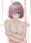  anna_purna bra breast_squeeze breasts collarbone crossed_arms eyes_visible_through_hair fate/grand_order fate_(series) hair_over_one_eye lace lace-trimmed_bra lavender_hair mash_kyrielight pout purple_eyes purple_hair short_hair underwear upper_body window 