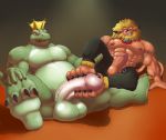  absurd_res anthro balls big_balls big_penis bottomwear clothed clothing crocodile crocodilian crocodylid crown digimon digimon_(species) duo feet felid foot_fetish foot_play footjob genitals hi_res huge_filesize huge_penis leomon lion male male/male mammal open_bottomwear open_clothing open_pants pantherine pants penis reptile scalie sex x-zudomon 