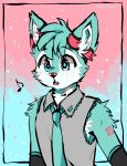  2018 anthro armwear blue_body blue_eyes blue_fur canid canine clothing cosplay fox fur fur_markings half-length_portrait hatsune_miku hi_res male mammal markings miri musical_note necktie open_mouth portrait roflfox shirt solo topwear vocaloid white_body white_fur 