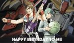  2boys blue_eyes blue_hair brown_eyes brown_hair crossover fire_valkyrie green_eyes guitar gundam happy_birthday haro holding holding_instrument instrument kamille_bidan looking_at_viewer macross macross_7 male_focus mecha multiple_boys nekki_basara nekkikamille open_mouth red_eyes robot v-fin zeta_gundam zeta_gundam_(mobile_suit) 