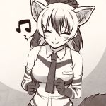  1girl ^_^ aardwolf_(kemono_friends) aardwolf_ears aardwolf_print aardwolf_tail animal_ears animal_print bare_shoulders breast_pocket clenched_hands closed_eyes closed_mouth collared_shirt elbow_gloves extra_ears eyebrows_visible_through_hair facing_viewer furrowed_eyebrows gloves greyscale hair_between_eyes hands_up happy high_ponytail kemono_friends long_hair lowres monochrome multicolored_hair musical_note necktie pocket ponytail print_gloves print_shirt shirt smile solo tail totokichi two-tone_hair upper_body wing_collar 