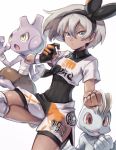  1girl bangs black_bodysuit black_hairband bodysuit bodysuit_under_clothes clenched_hand closed_mouth collared_shirt commentary covered_navel dynamax_band gen_1_pokemon gen_2_pokemon gloves grey_eyes grey_hair gym_leader hair_between_eyes hairband highres knee_pads looking_at_viewer machop pokemon pokemon_(creature) pokemon_(game) pokemon_swsh print_shirt print_shorts saitou_(pokemon) shirt short_hair short_sleeves shorts single_glove takase_(takase1214) tied_shirt tyrogue 