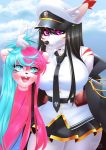  2020 ambiguous_gender anthro azur_lane big_breasts black_hair blush breasts canid canine clothed clothing collaboration cosplay dannyckoo duo enterprise_(azur_lane) female fox fully_clothed hair happy hat headgear headwear hi_res inner_ear_fluff looking_at_viewer mammal outside pink_hair red_stripes rodent sailor_hat sailor_uniform sciurid signature siren_purifier_(azur_lane) smile stripes tresertf tuft uniform white_body 