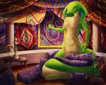  2019 absurd_res anthro apode arabian artist_naahva big_breasts breasts digital_media_(artwork) draconcopode female hi_res hookah inside jewelry looking_at_viewer naahva naga non-mammal_breasts nude oriental pillow reptile rug scalie serpentine snake solo standing waterpipe 