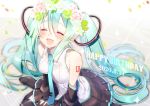  aqua_hair blush boots flowers hatsune_miku headdress long_hair maronie. rose skirt tattoo thighhighs tie twintails vocaloid waifu2x 