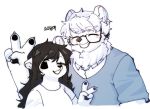  1boy 1girl ;d animal_ears animal_nose bear bear_boy bear_ears bear_girl black_eyes blouse blush brown_hair claws closed_eyes commentary eyebrows_visible_through_hair furry grin hair_between_eyes highres korean_text long_hair one_eye_closed open_mouth original pawpads polar_bear ressue_(gomgom) short_hair short_sleeves simple_background smile snout translation_request upper_body v white_background white_blouse white_fur white_hair 