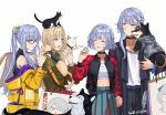 4girls ak-12_(girls_frontline) ak-15_(girls_frontline) alternate_costume alternate_hair_color alternate_hairstyle an-94_(girls_frontline) animal aqua_eyes artist_name badge bag bangs barrette belt black_choker black_pants blonde_hair blue_skirt breasts camouflage camouflage_jacket cat choker closed_eyes closed_mouth commentary_request defy_(girls_frontline) dog eyebrows_visible_through_hair girls_frontline glasses hair_between_eyes harness holding holding_animal holding_bag holding_cat holding_dog holding_hands hood hoodie jacket long_hair looking_away medium_hair multiple_girls open_eyes open_mouth pants patch playing ponytail purple_eyes purple_hair rpk-16_(girls_frontline) shirt shopping_bag silayloe skirt tail tail_wagging white_background white_shirt yellow_jacket 